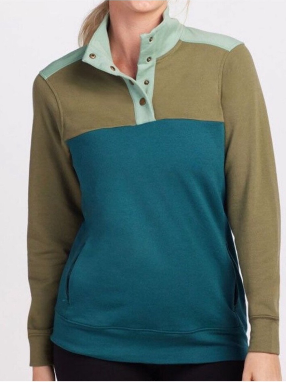 Woolx Women's 1X Charlie 4 Button Pullover Sweater Green Colorblock Merino Wool